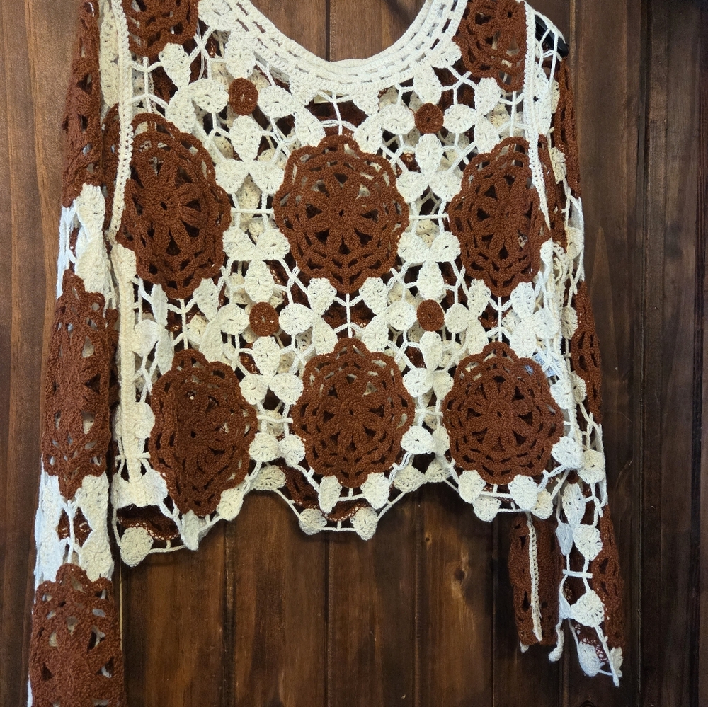 Crochet Cropped Layering Blouse, Boho Style In a Rusty Brown And Cream